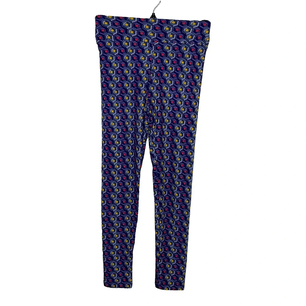 LuLaRoe Tween Kids Geometric Hexagon Leggings Blue Yellow Pink  Mod Slim Fit